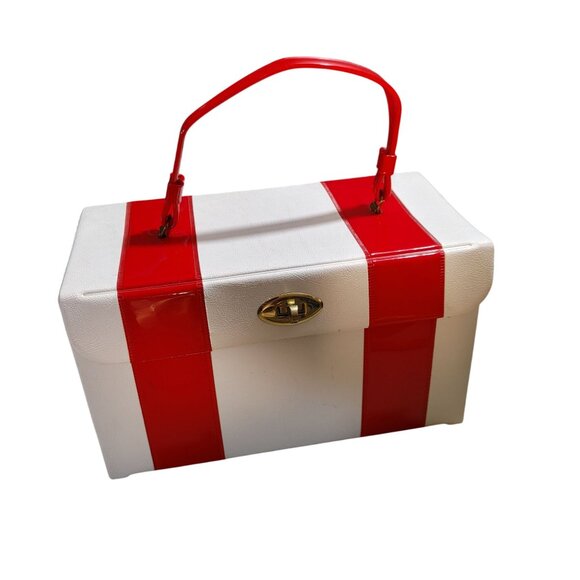 MCM Vinyl Handbag Vintage 1950s White Red Turn Lock Closure Handle Storage Case - Picture 8 of 16
